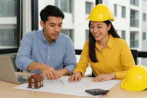 Dua profesional muda sedang berdiskusi dan meninjau blueprint proyek konstruksi di kantor, dengan model rumah, laptop, dan helm proyek di atas meja.