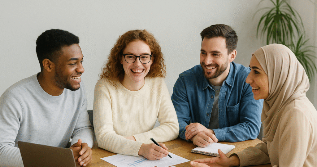 Ilustrasi kerjasama strategis antara developer dan pemilik lahan, menampilkan proses perencanaan proyek, diskusi pembagian risiko dan keuntungan, serta pengajuan izin pembangunan untuk memastikan keberhasilan investasi bersama.